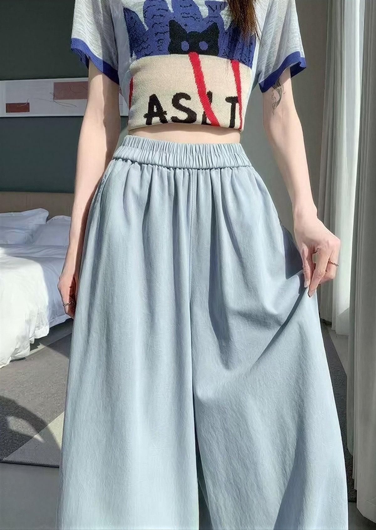 「3色」M~3XL 鬆緊高腰刺繡燈籠褲