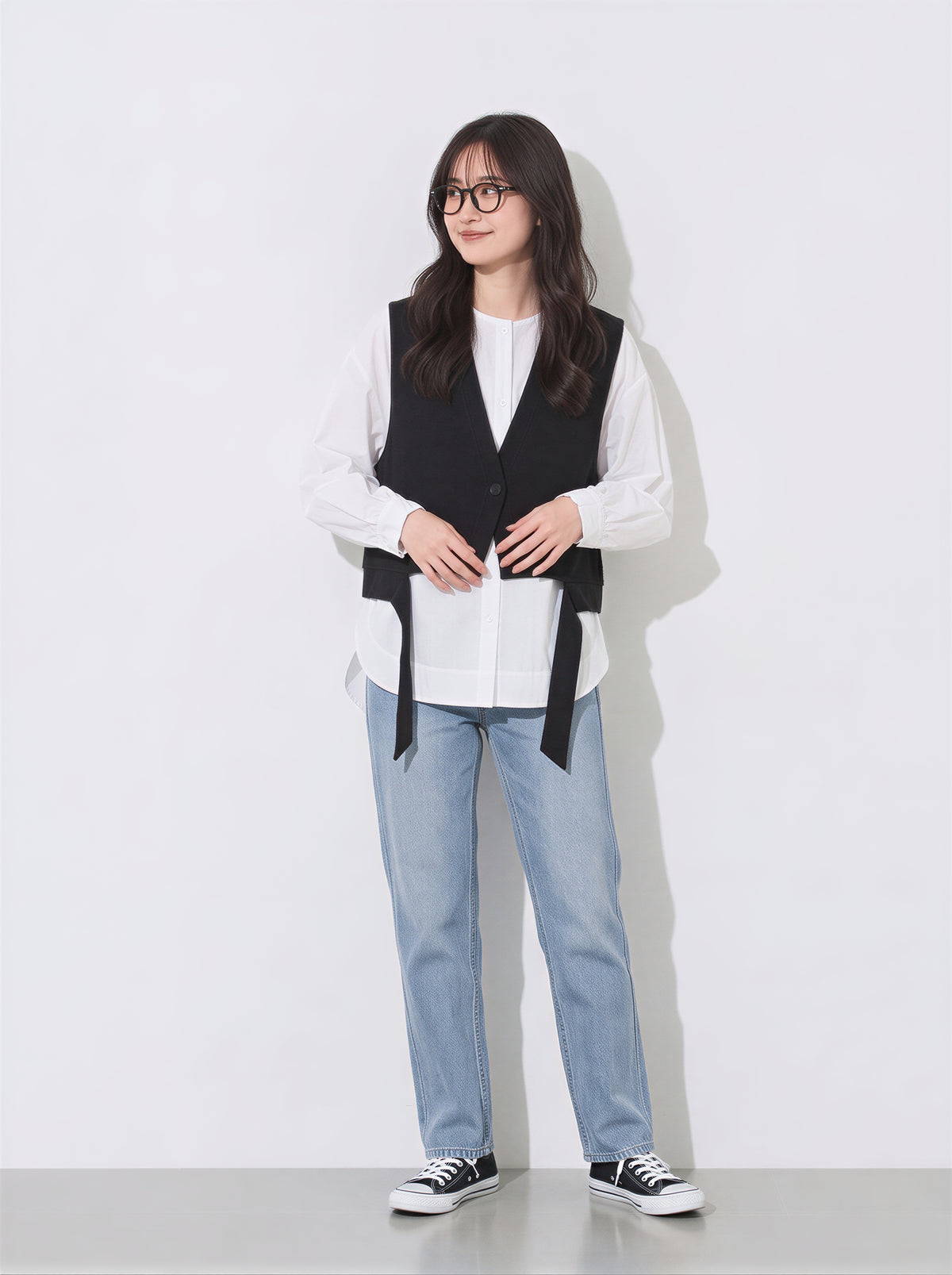 M-2XL 兩件式 個性氣質黑色V領長飄帶 | 背心襯衫