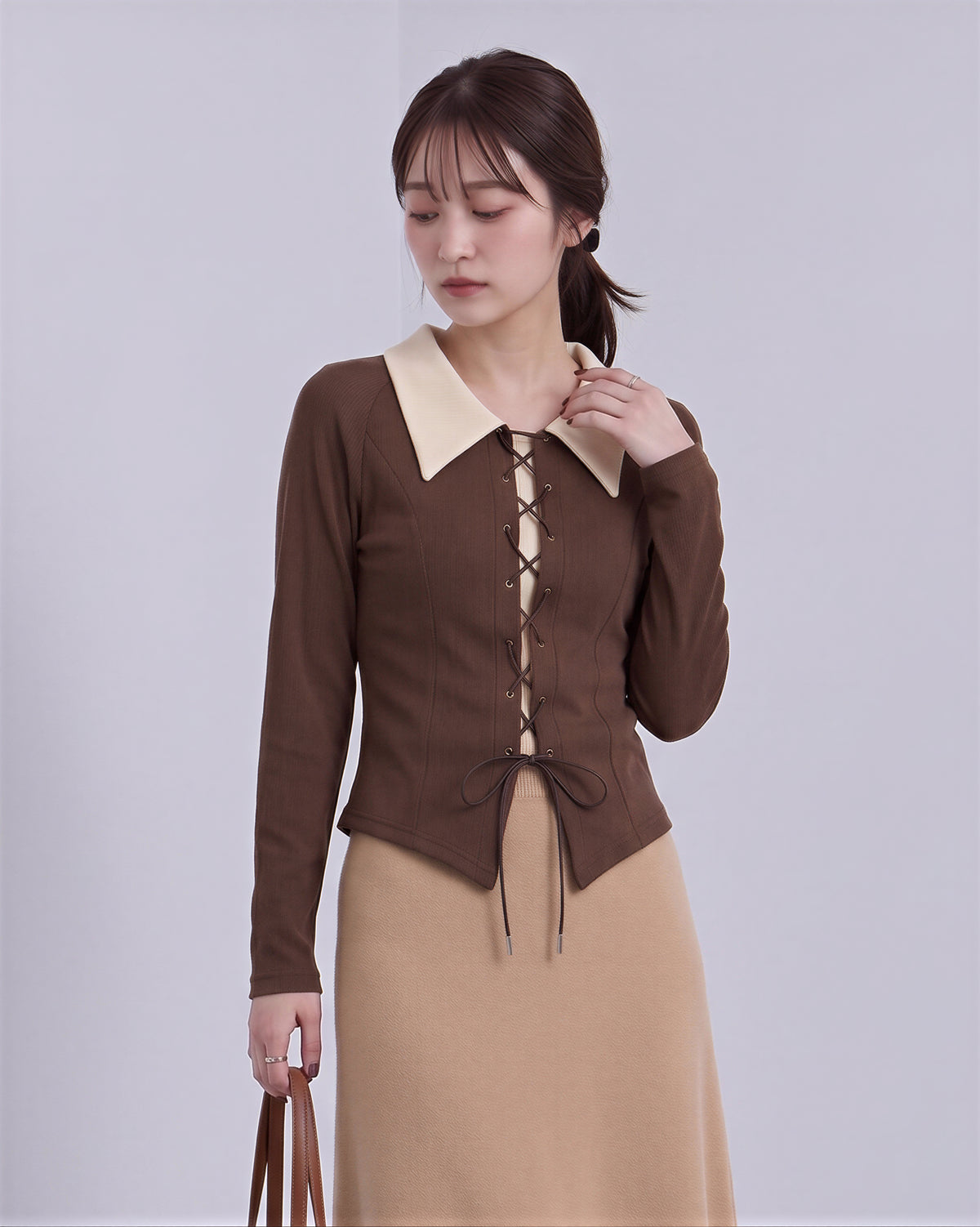 M-2XL 撞色翻領綁帶收腰長袖針織衫