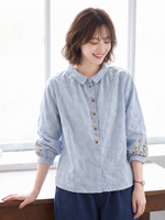 「3色」「秋季新品 」M-2XL 品質刺繡 全棉甄選 柔軟舒適 寬鬆小方領長袖襯衫