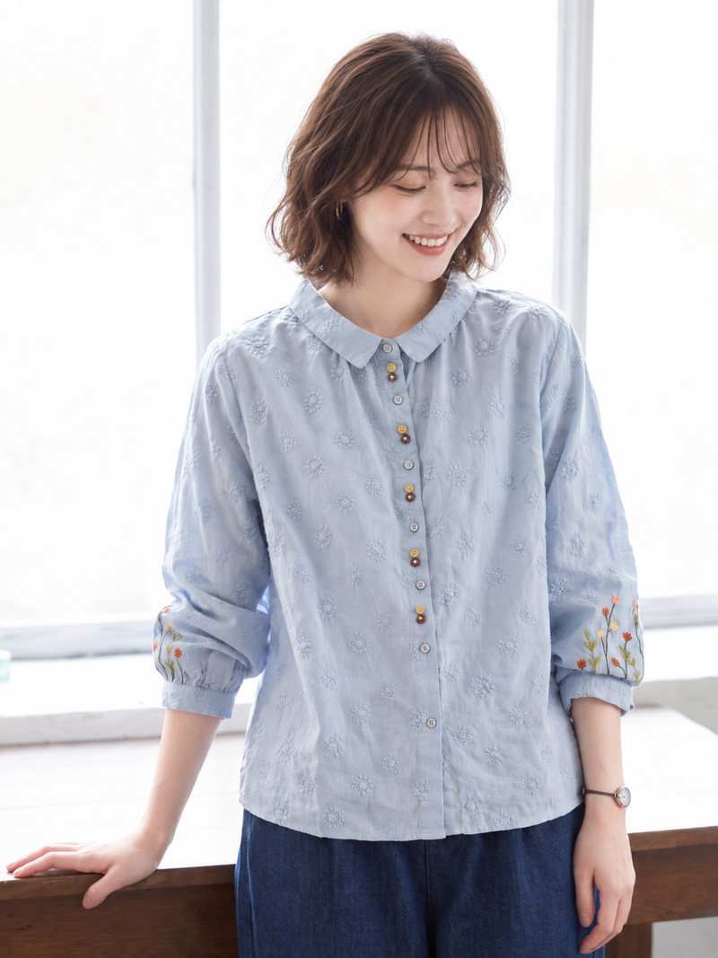 「3色」「秋季新品 」M-2XL 品質刺繡 全棉甄選 柔軟舒適 寬鬆小方領長袖襯衫