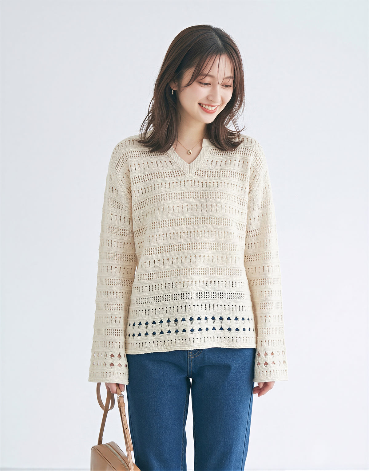 「秋季新品 」「多色」 鏤空紋理 | 小V領寬鬆針織衫