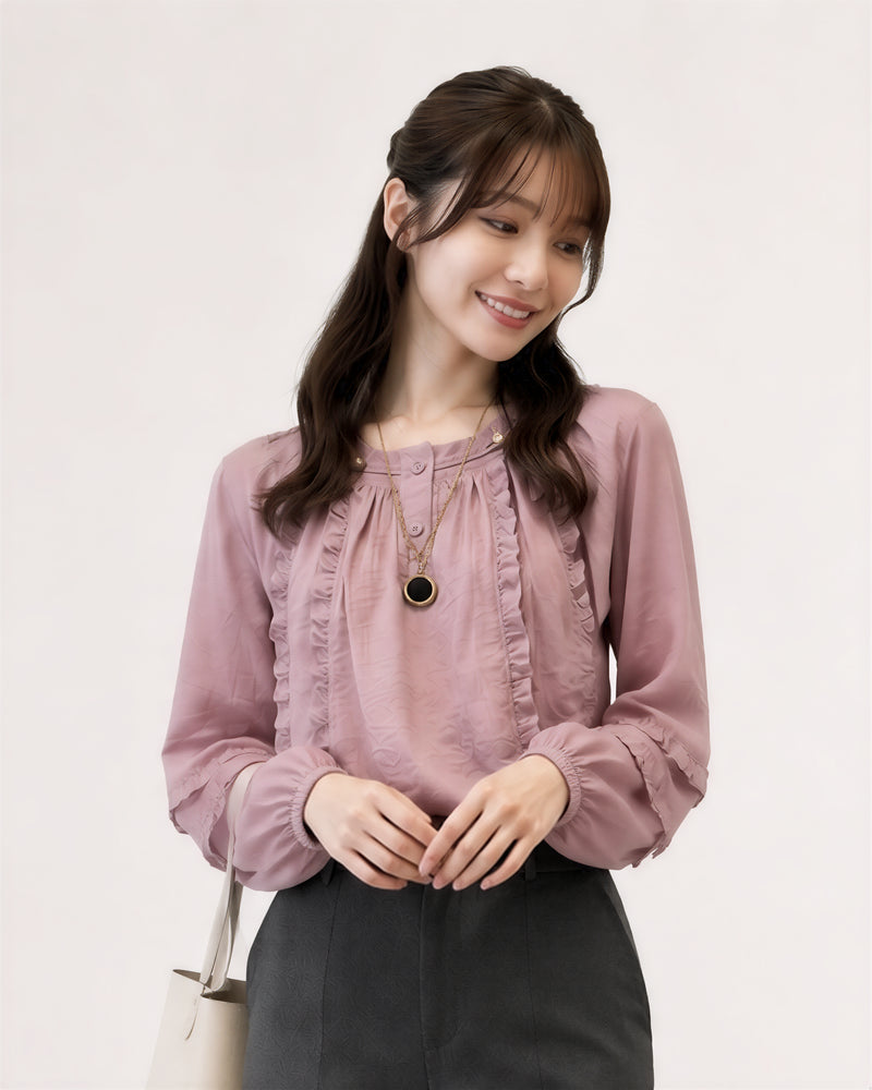 S-XL 淺粉色荷葉邊 | 圓領燈籠袖襯衫