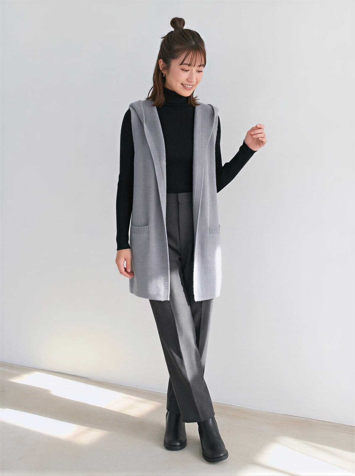 「秋季新品 」「3色」連帽開襟長版背心