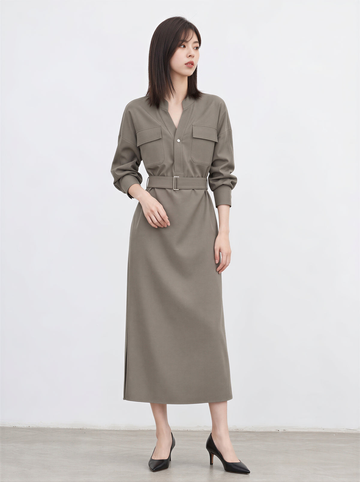 「秋季新品 」S-XL 收腰繫帶立領襯衫洋裝