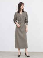 「秋季新品 」S-XL 收腰繫帶立領襯衫洋裝