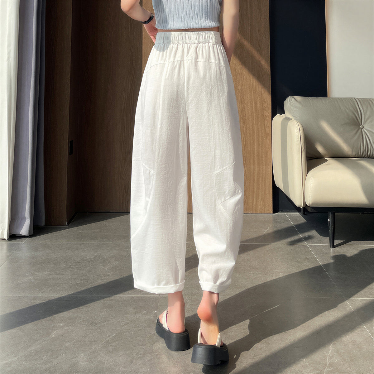 「多色」S-4XL 高腰鬆緊直筒寬褲