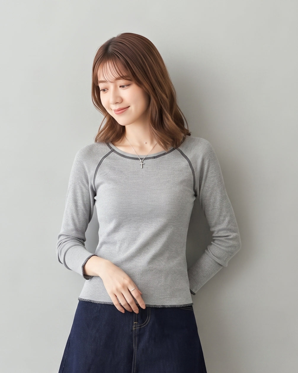「秋季新品 」S-XL 灰色修身撞色滾邊插肩長袖打底T恤