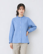 木耳邊立領條紋襯衫-藍色-2XL