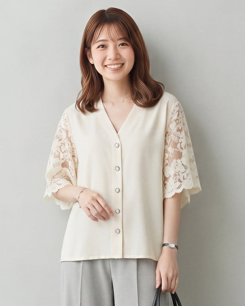 V領蕾絲喇叭袖襯衫