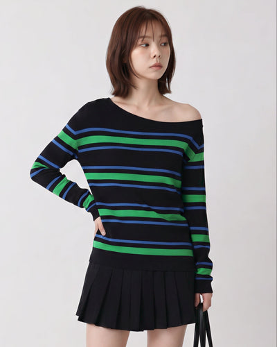 S-XL 露肩條紋修身長袖T恤
