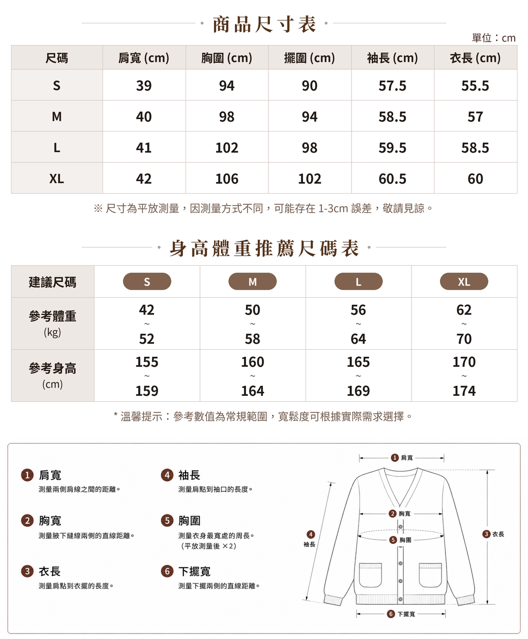 S-XL 淺米色立體肌理圓領短版針織開襟衫 size chart 1