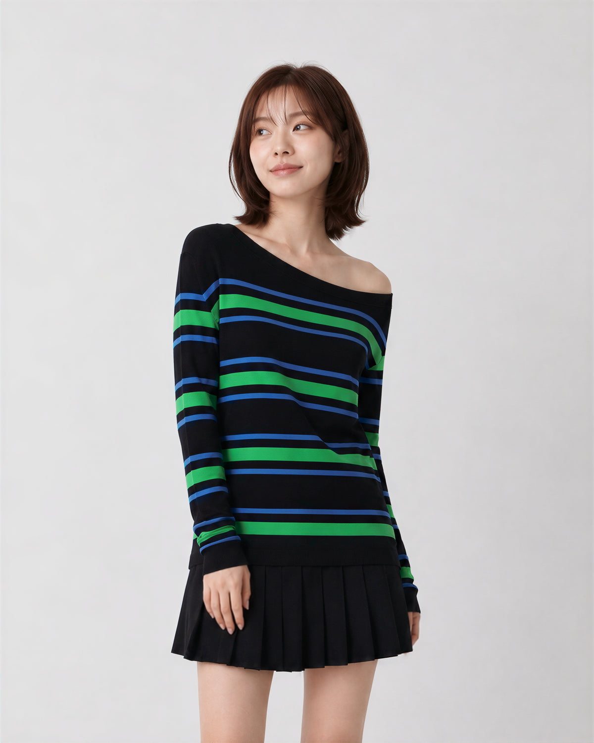 S-XL 露肩條紋修身長袖T恤