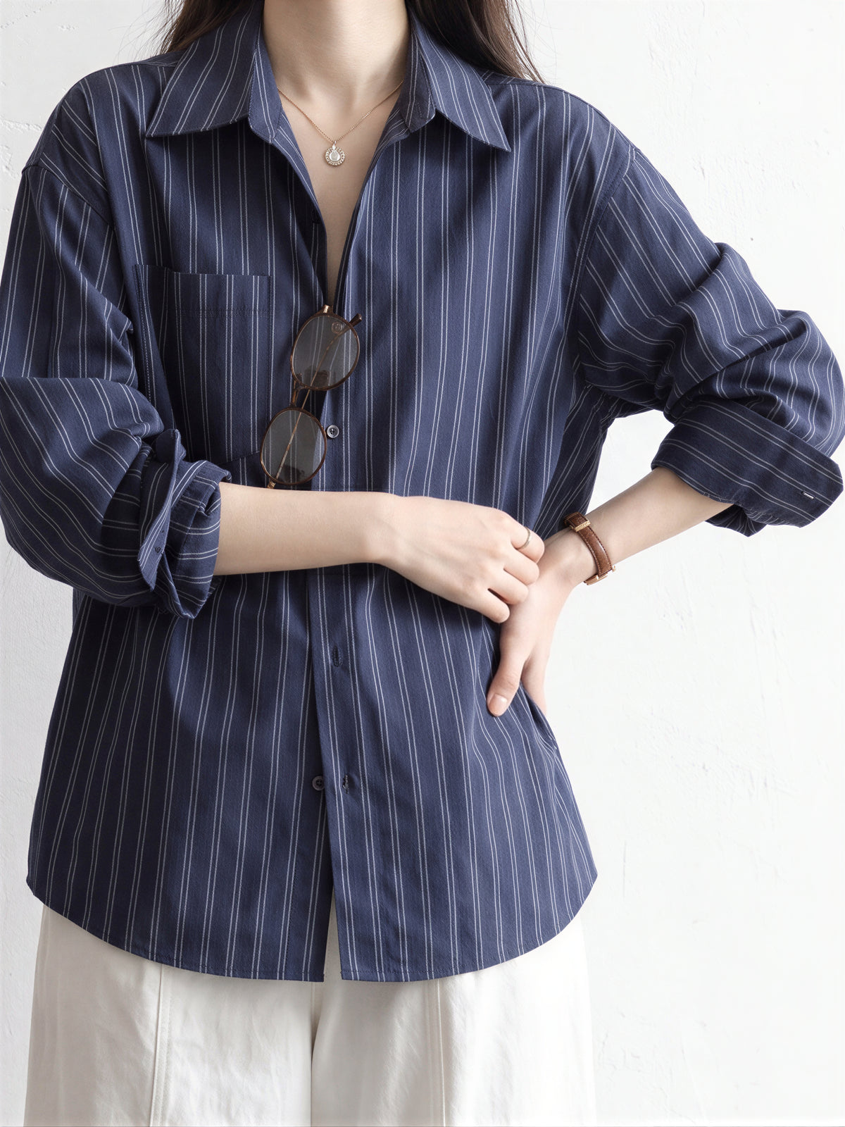 「兩色」「秋季新品 」S-XL 寬鬆條紋拼接口袋襯衫