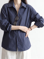 「兩色」「秋季新品 」S-XL 寬鬆條紋拼接口袋襯衫