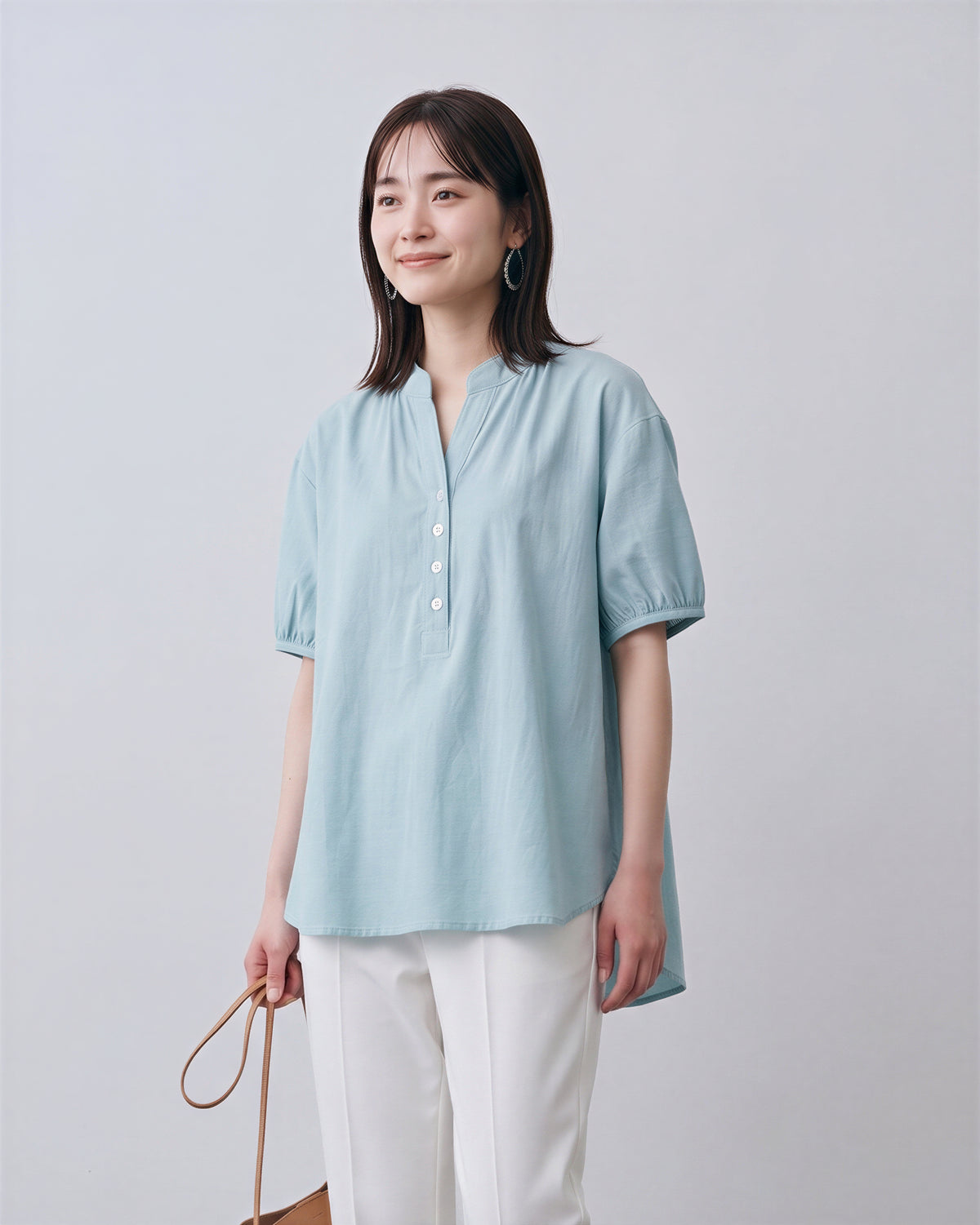 M~2XL 立領半開襟泡泡袖短袖襯衫
