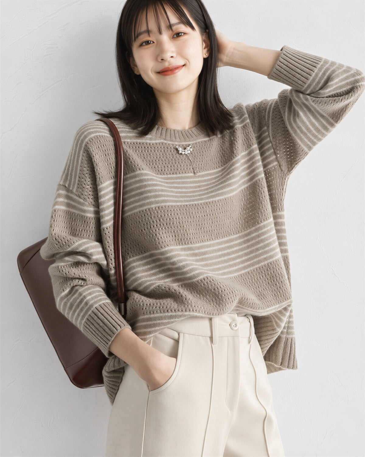 「秋季新品 」「兩色」條紋寬鬆落肩針織衫