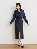 「秋季新品 」「兩色」 M-L  飄帶領垂墜感 | 優雅通勤風寬袖長袖襯衫
