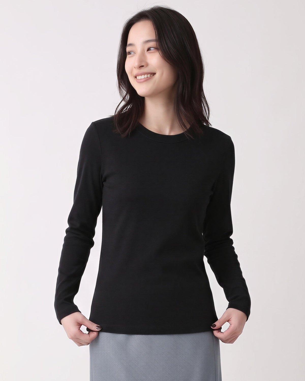 圓領修身長袖T恤-黑色-3XL