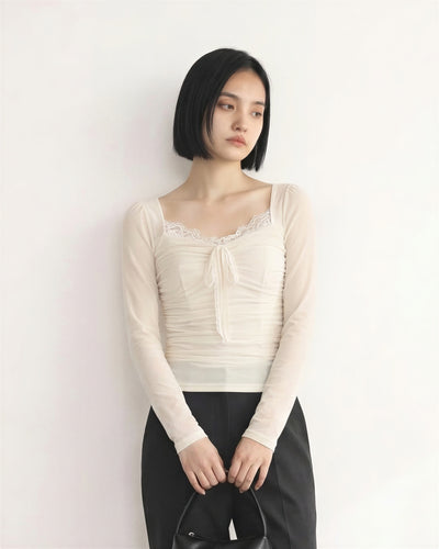 方領蕾絲抽繩抓皺修身長袖T恤