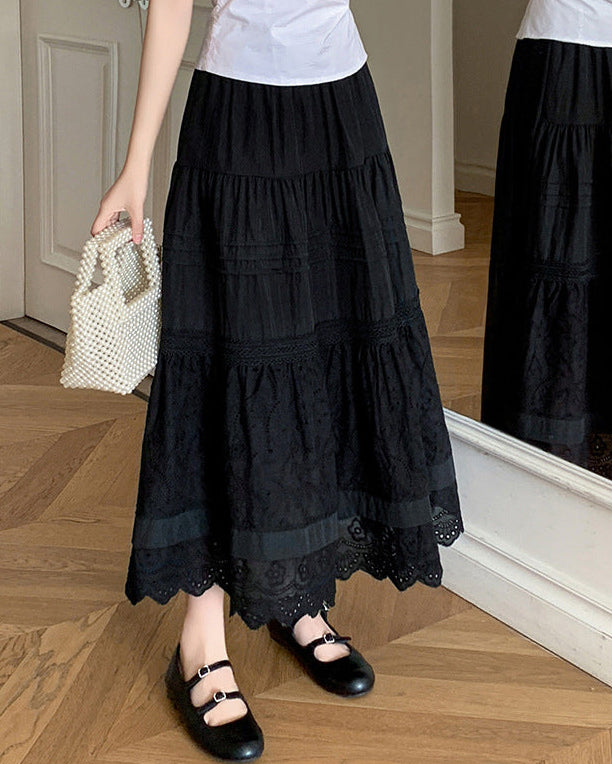 鬆緊高腰分層拼接刺繡中長款A字蛋糕半身裙