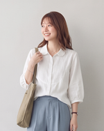 「3色」M-2XL 七分袖苧麻襯衫 法式琴褶文藝復古寬鬆棉麻上衣