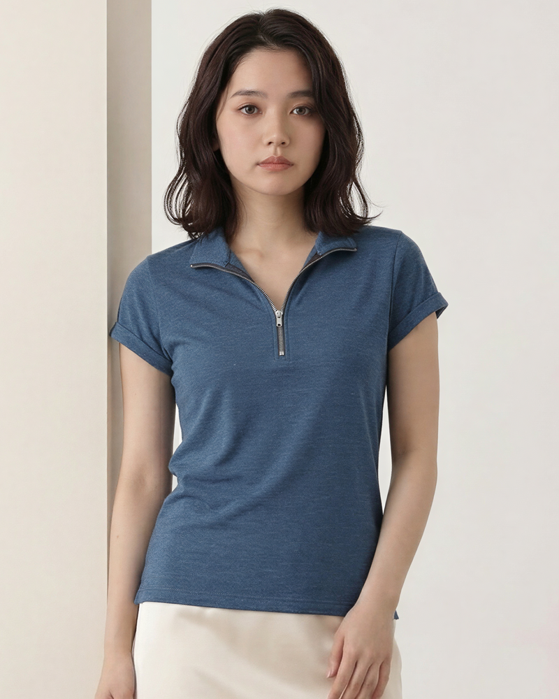 半拉鍊V領修身短袖T恤