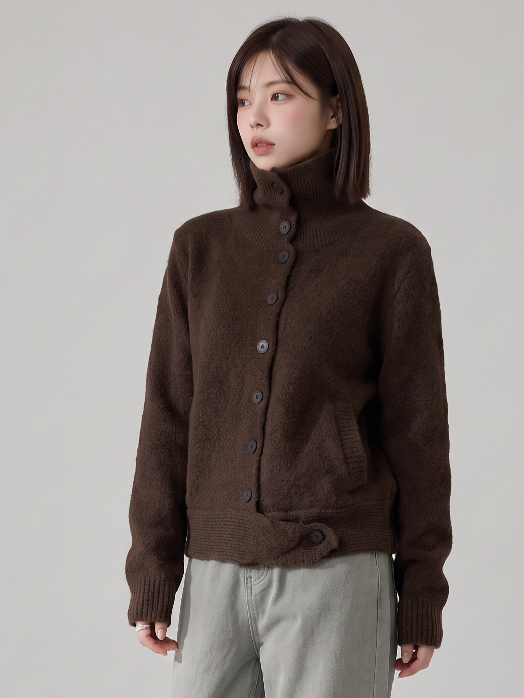 「兩色」「秋季新品 」高領寬鬆落肩針織開襟衫