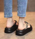 交叉拼接 跟高4.5cm | 蝴蝶結厚底一字拖鞋