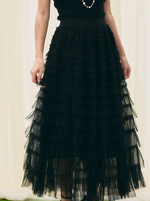 高腰鬆緊腰層疊荷葉邊網紗蛋糕長裙