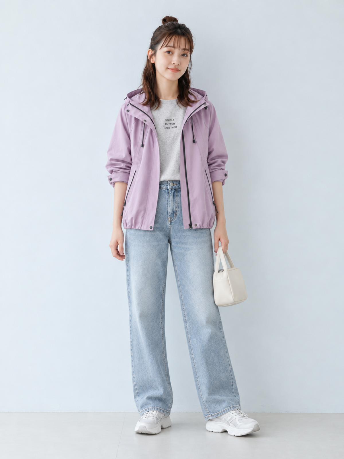 「秋季新品 」 S-XL 淺紫色 連帽抽繩寬鬆風衣