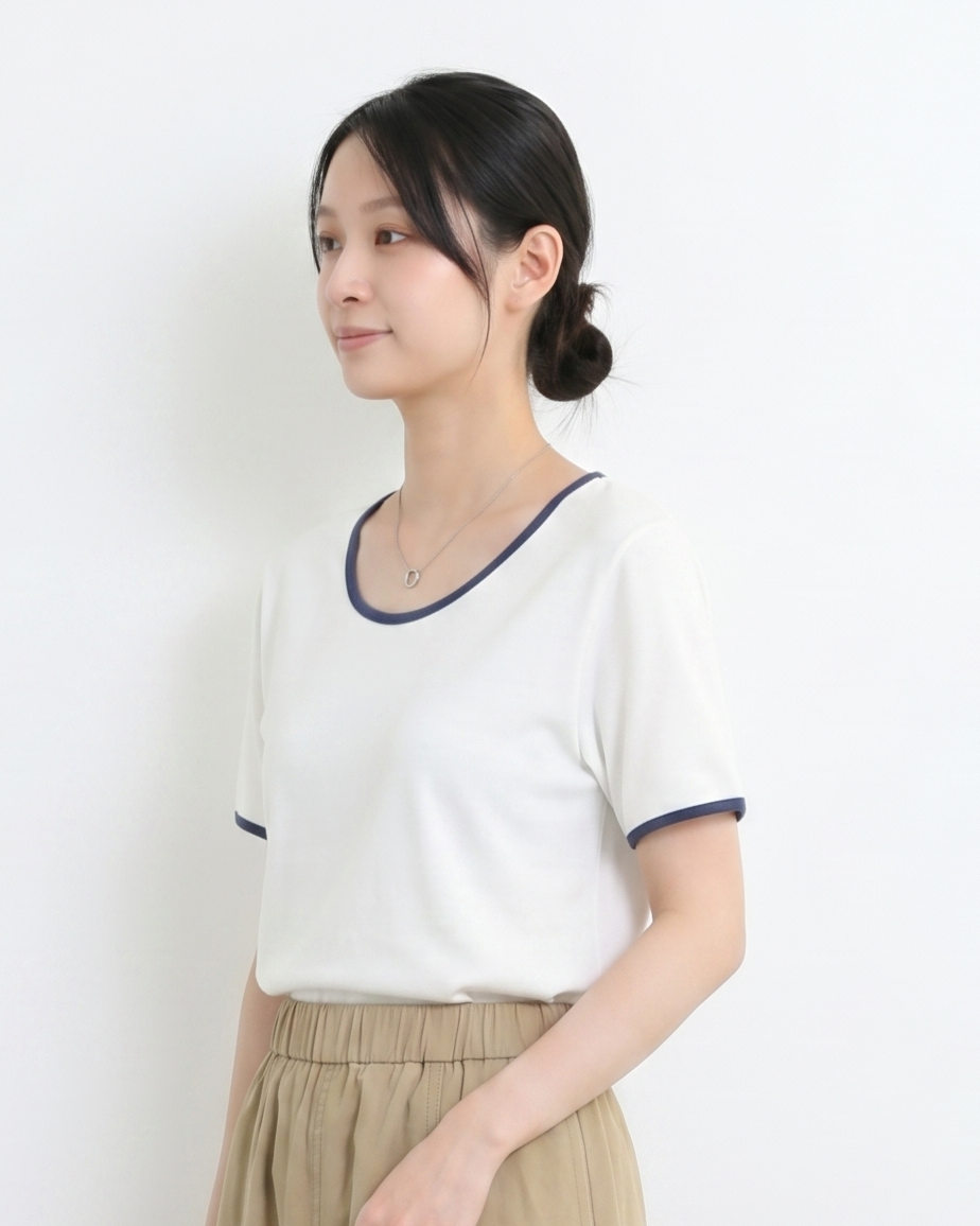展現鎖骨美，撞色短袖t恤設計感小眾上衣