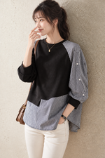 「兩色」「秋季新品 」 S-2XL 拼接條紋寬鬆衛衣