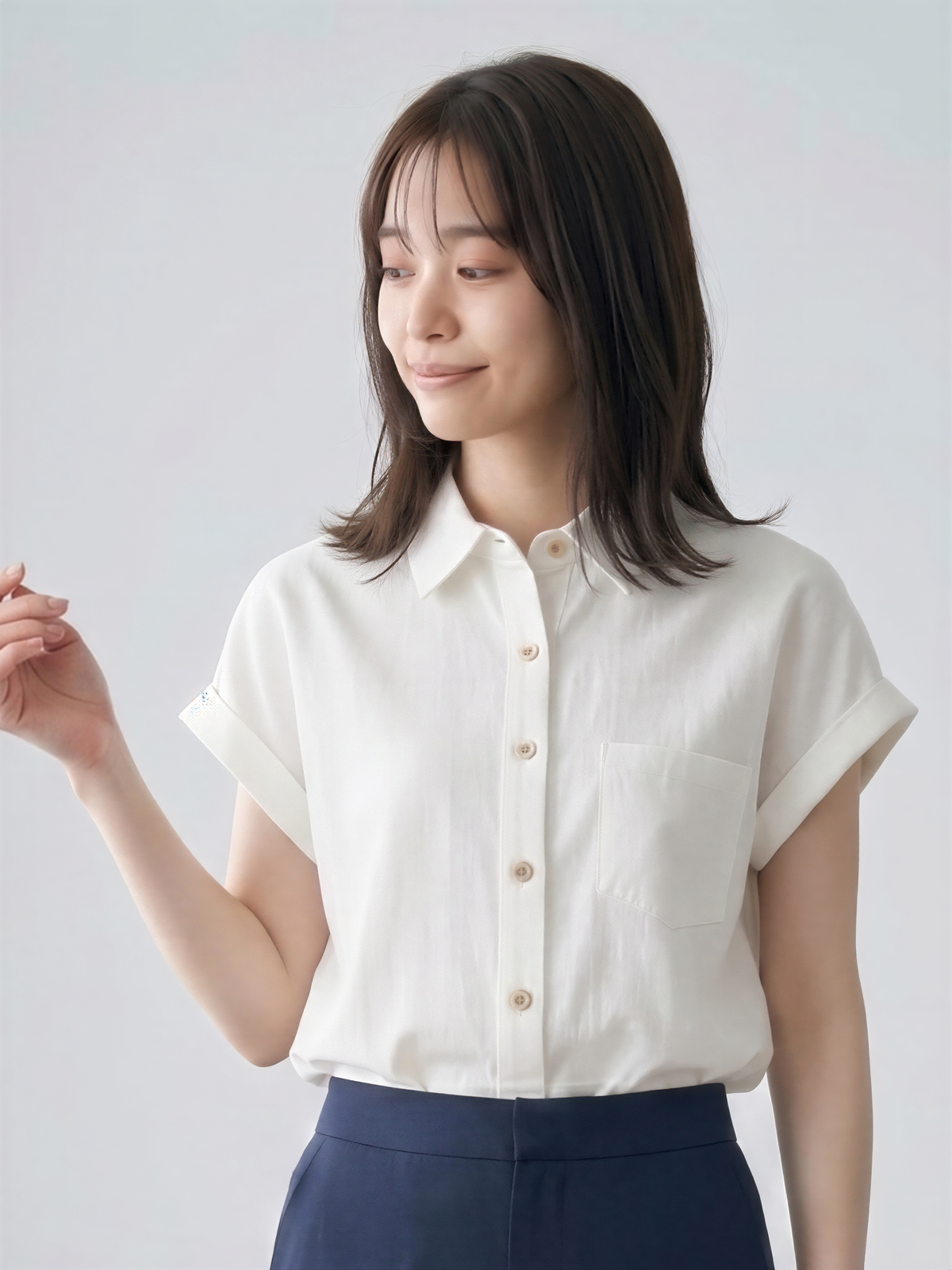 翻領前扣捲袖寬鬆短袖襯衫