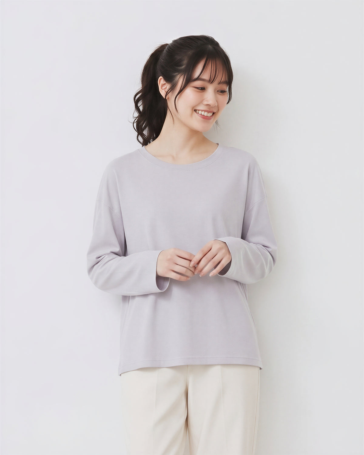 圓領落肩寬鬆長袖T恤-灰色-4XL