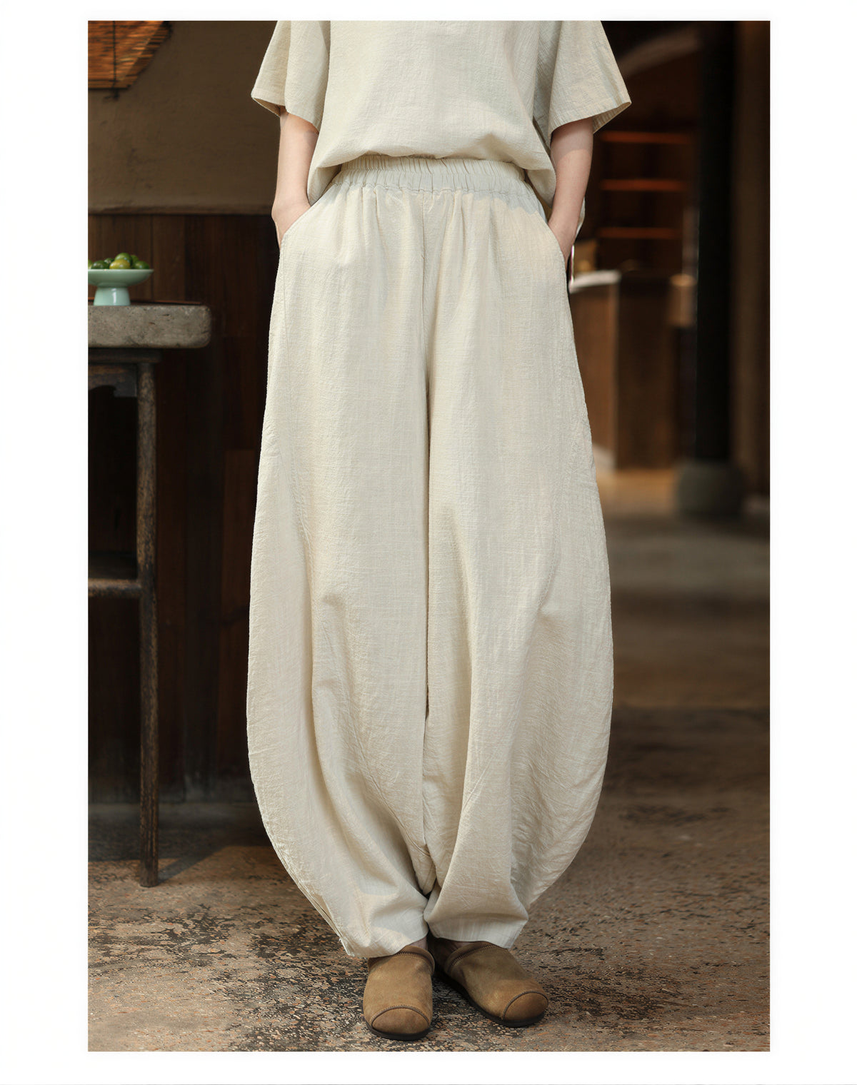 「兩色」「秋季新品 」M-2XL 鬆緊高腰寬鬆燈籠休閒褲