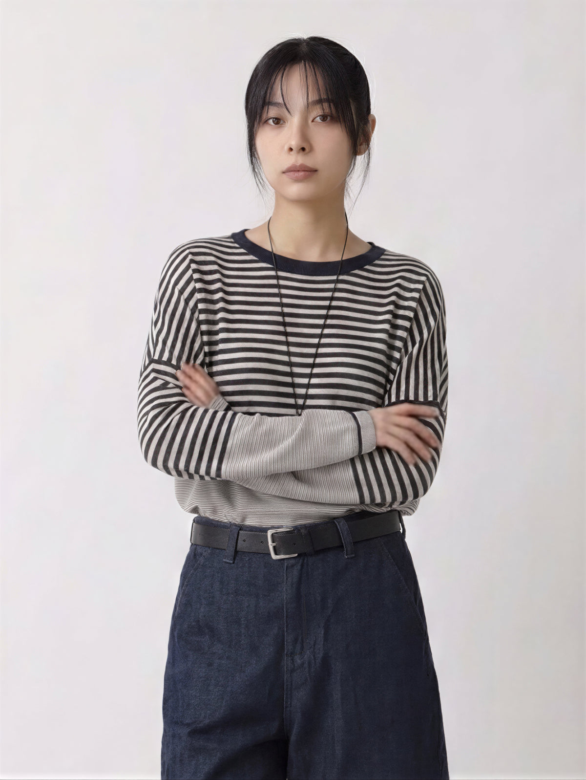 寬鬆落肩·黑白條紋·拼接長袖針織衫