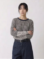 寬鬆落肩·黑白條紋·拼接長袖針織衫