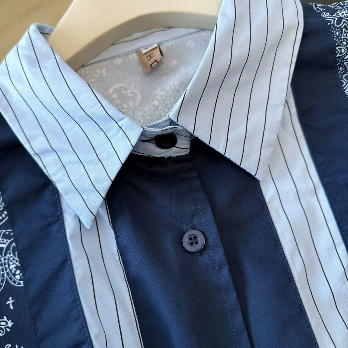 「秋季新品 」L~4XL 拼接條紋印花襯衫