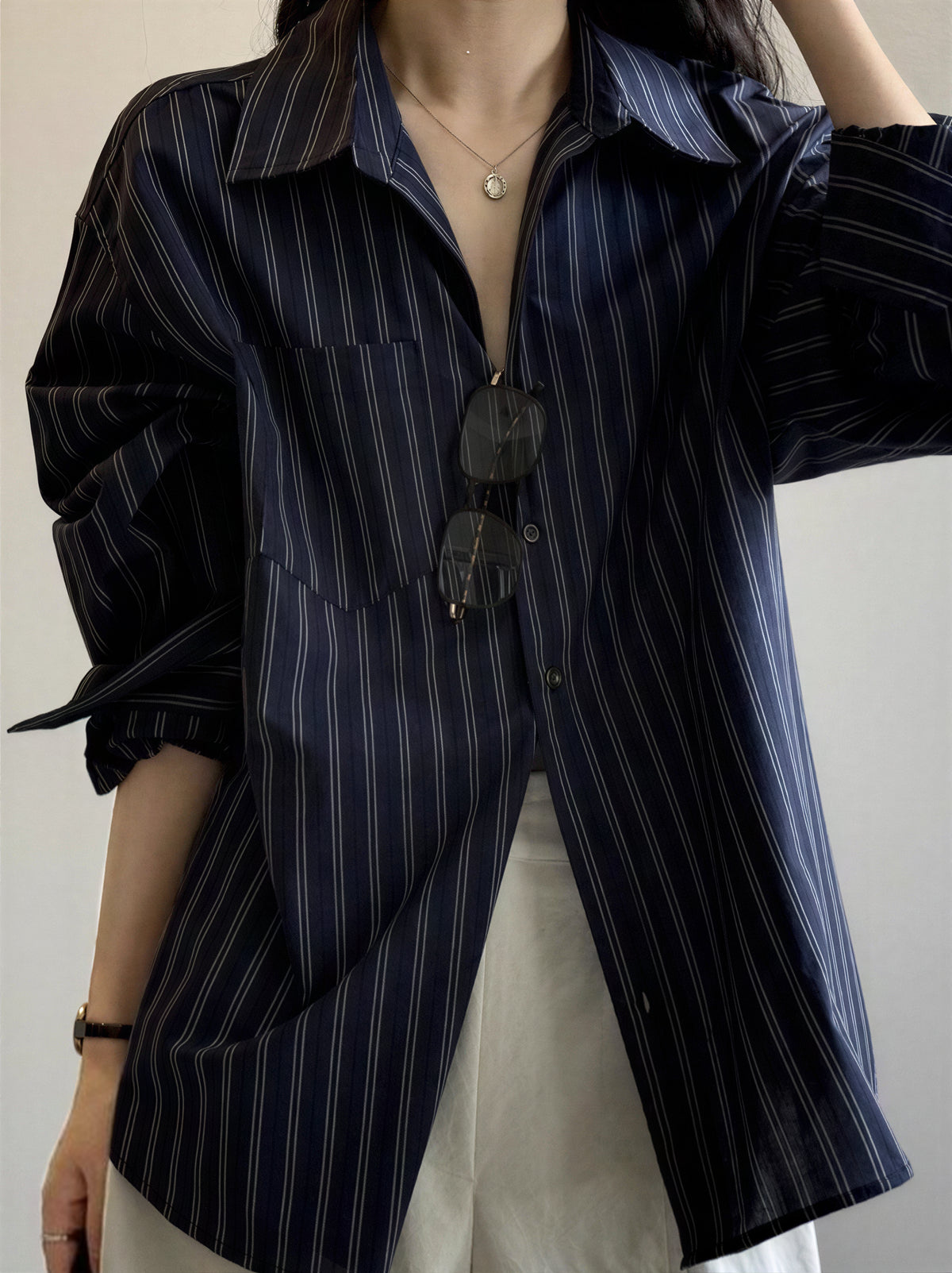 「兩色」「秋季新品 」S-XL 寬鬆條紋拼接口袋襯衫