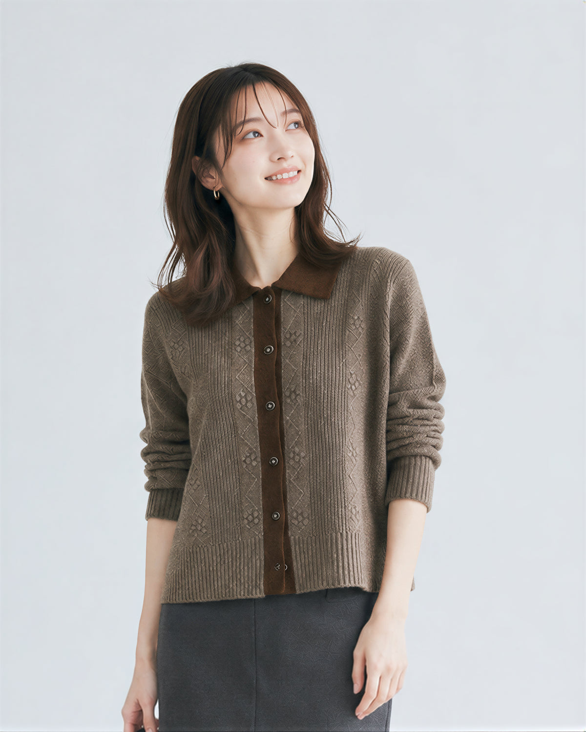「秋季新品 」撞色翻領提花直紋針織開襟衫