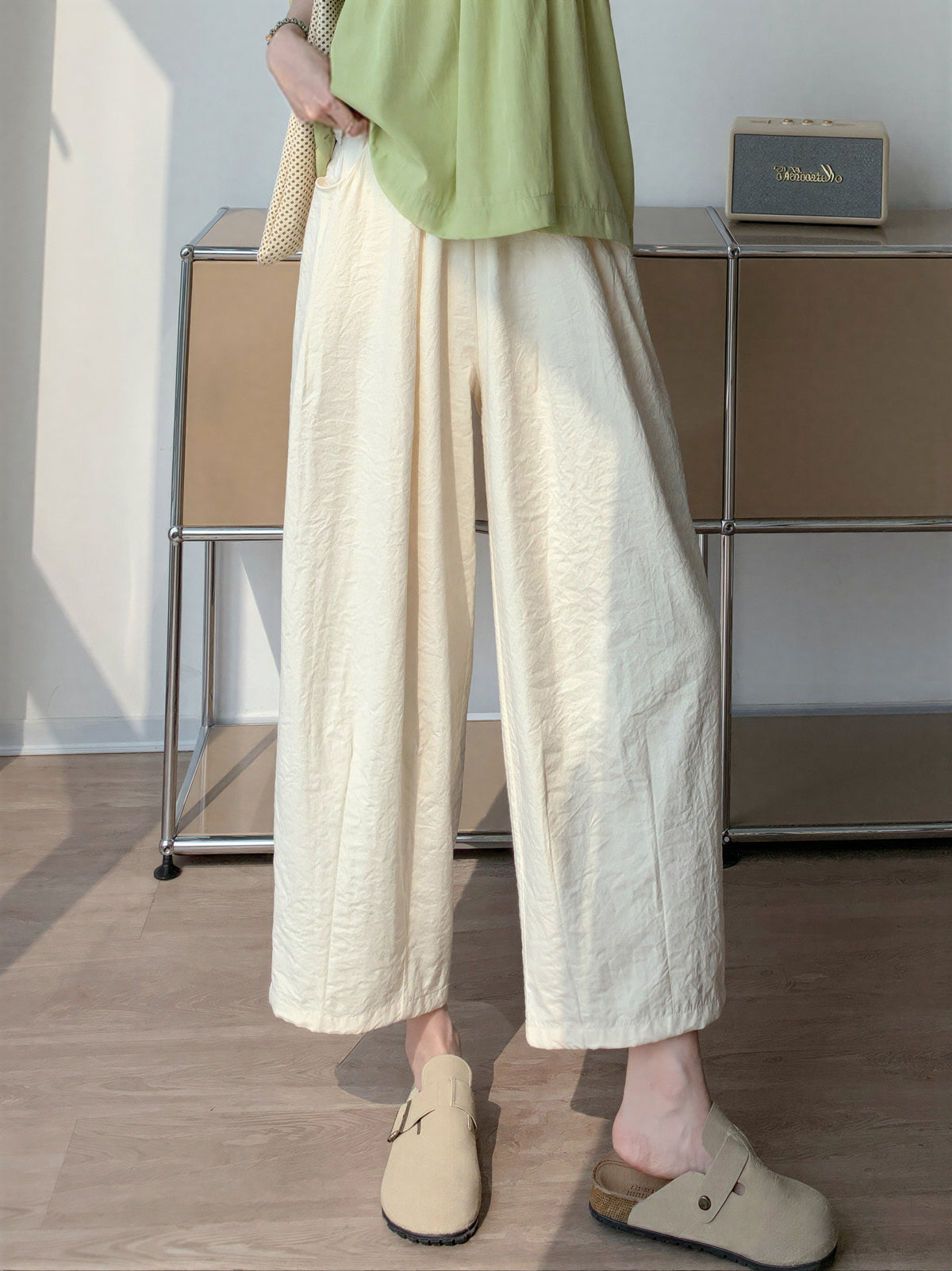 S-XL 高腰寬鬆褶感寬褲
