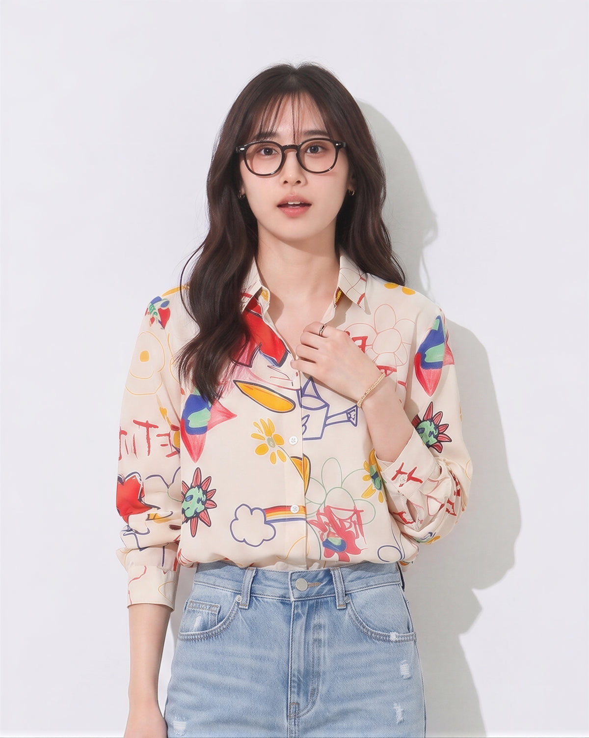 「秋季新品 」S-XL 米色塗鴉印花寬鬆襯衫
