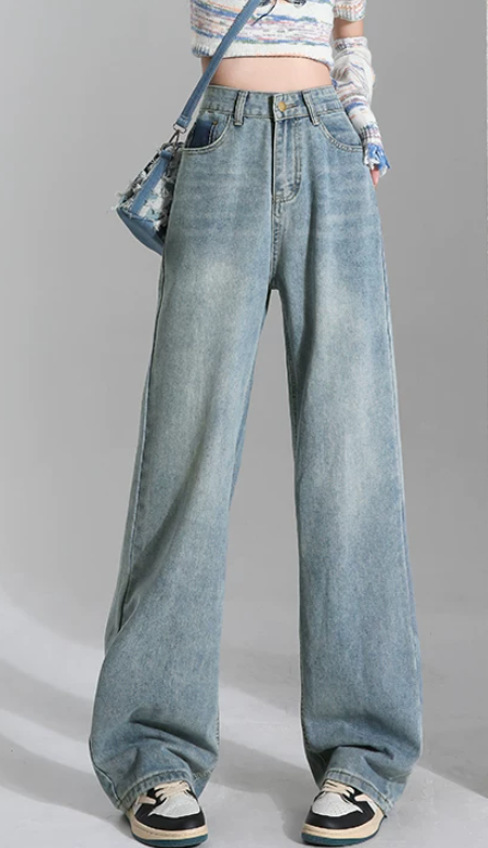 「兩色」「秋季新品 」 XS-2XL 高腰寬褲管刷舊牛仔褲