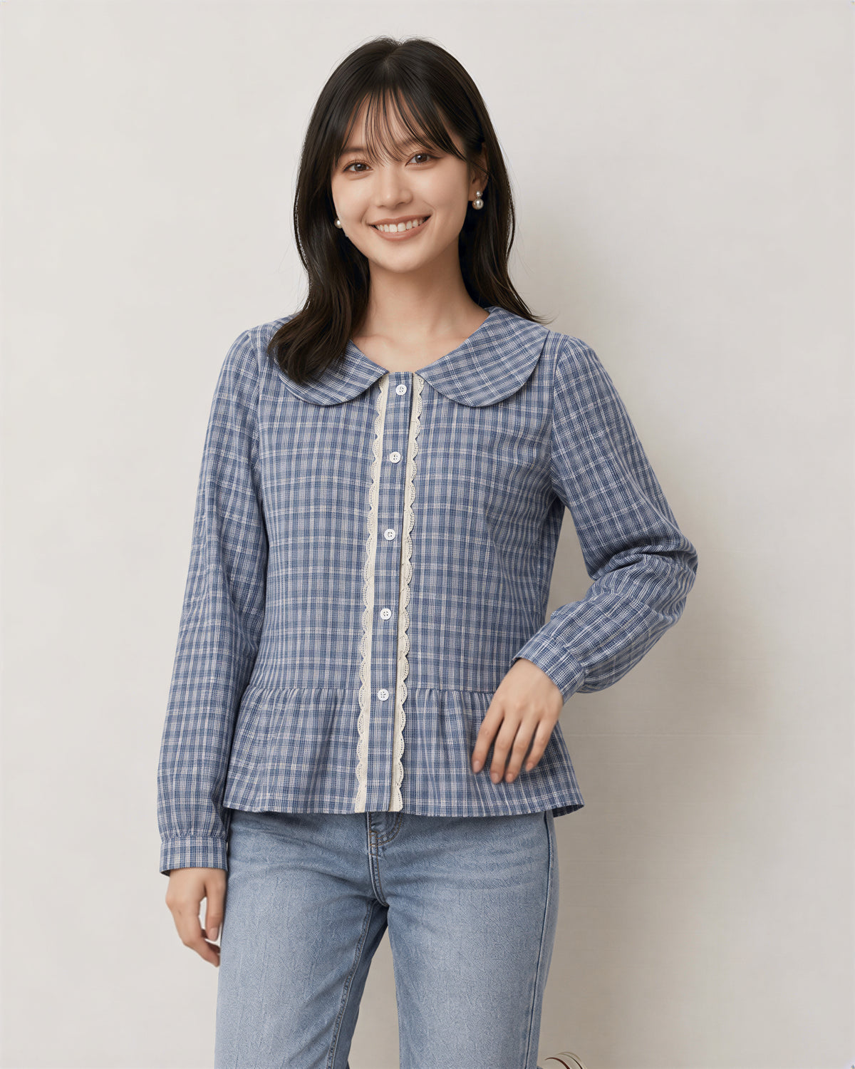S-XL 淺藍色格紋 | 娃娃領收腰襯衫