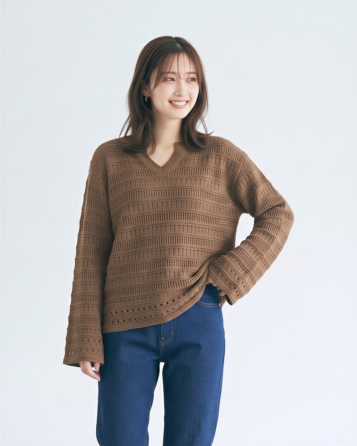 「秋季新品 」「多色」 鏤空紋理 | 小V領寬鬆針織衫