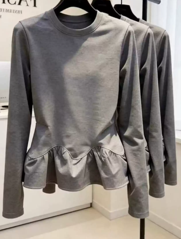 S-2XL 高級灰色收腰荷葉擺長袖T恤