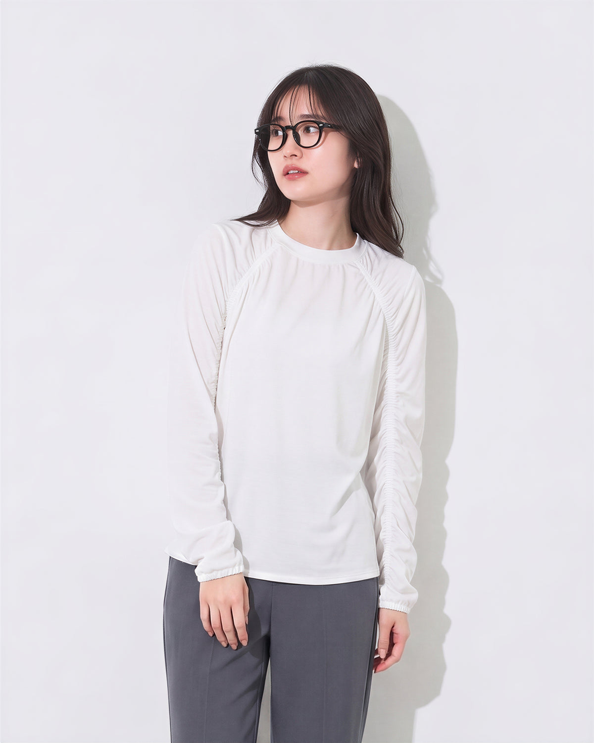 「秋季新品 」「兩色」S-XL 抽皺拼線寬鬆長袖T恤