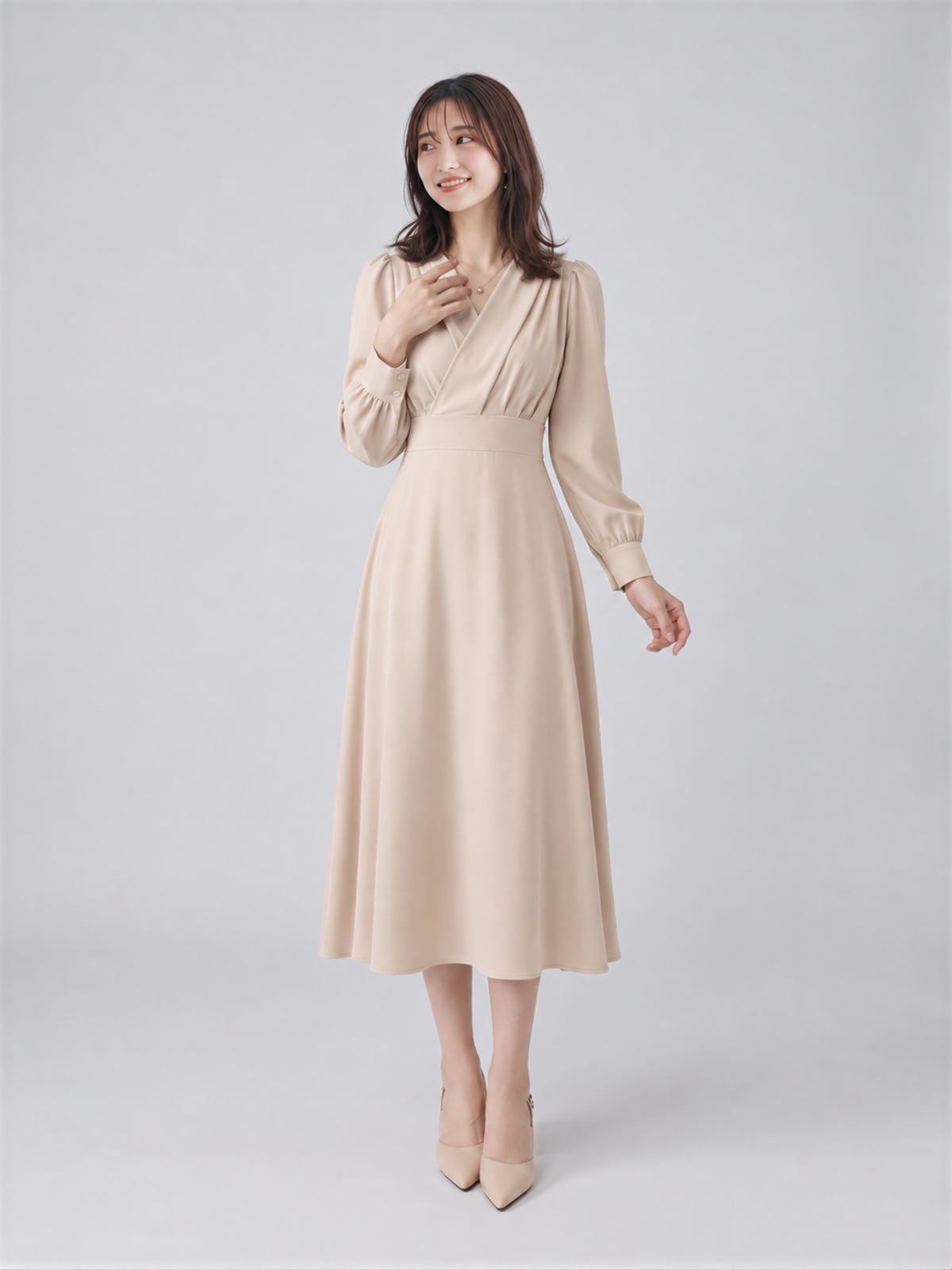 「3色」「秋季新品 」S-XL V領褶襉高腰長袖洋裝