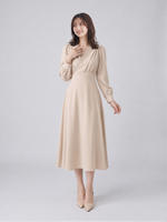 「3色」「秋季新品 」S-XL V領褶襉高腰長袖洋裝